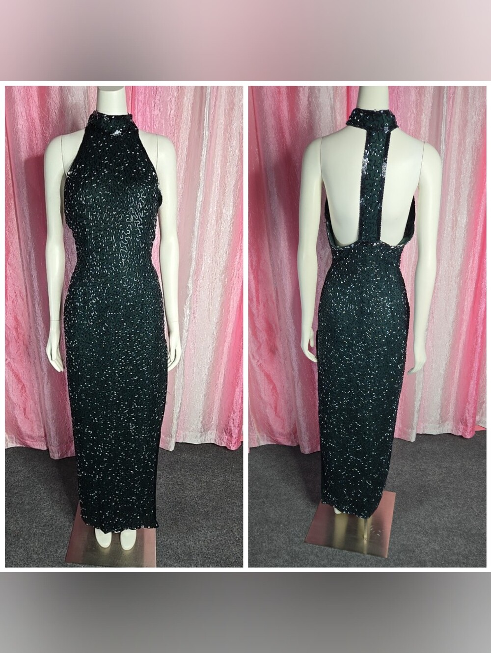 Laurence Kazar Vintage 80's Green Sequin 100% Silk Evening Gown Size Small